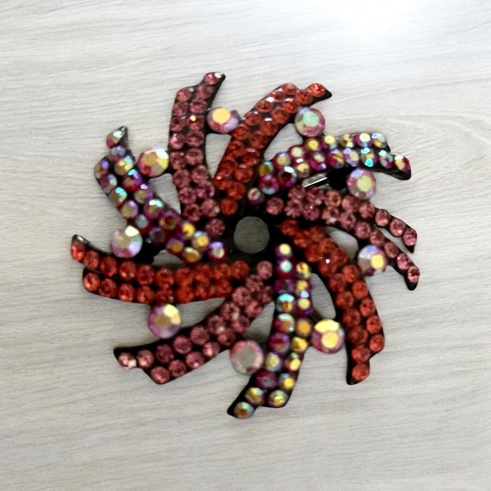 Brooch, Vintage Circle, Aurora Borealis  Stones, and Orange and Pink Rhi…